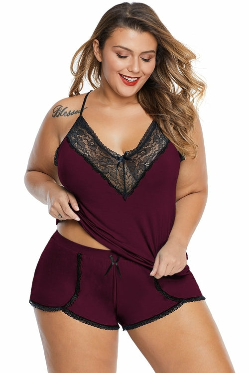 Plus Size Pajamas Lace Cami Short 2 PC Set