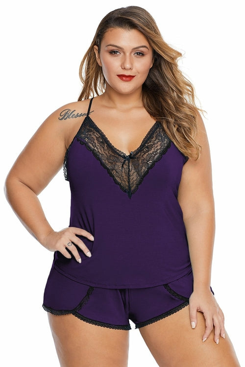 Plus Size Pajamas Lace Cami Short 2 PC Set