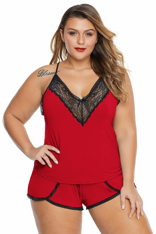 Plus Size Pajamas Lace Cami Short 2 PC Set