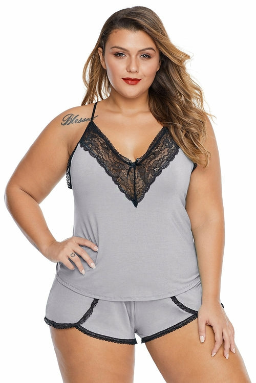 Plus Size Pajamas Lace Cami Short 2 PC Set